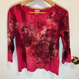 y2k Red Black Floral Print Rhinestone Embellished Long Sleeve Tee Shirt Top